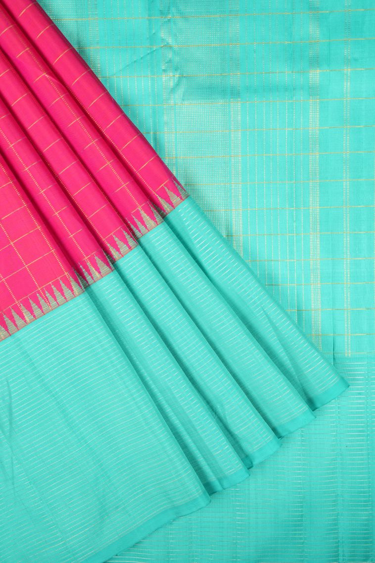 Hot Pink Kanchipuram Silk Sarees with Gold Zari Checks view 1