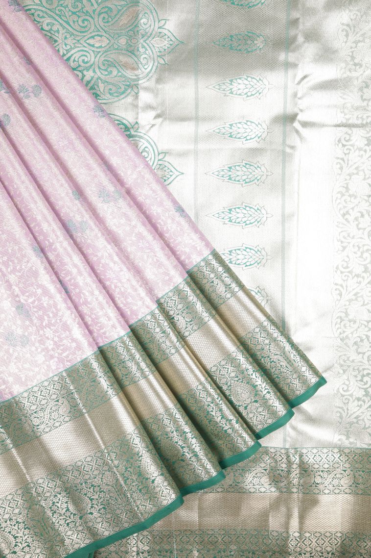 Lavender Purple Tissue Silk Sarees with Silver Zari Floral Patterns view 1