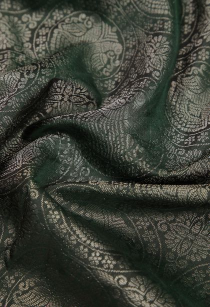 Bottle Green Soft Silk Saree with Silver Zari Floral Patterns