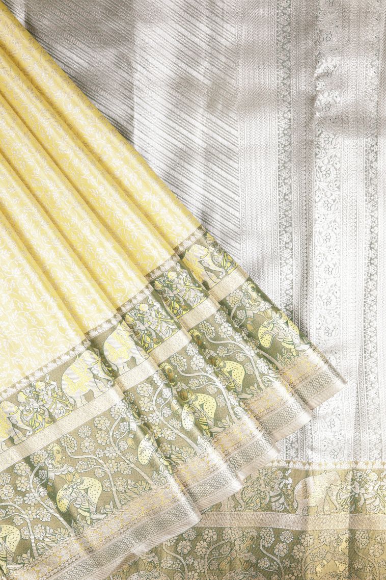 Lemon Yellow Tissue Silk Sarees with Silver Zari Floral Patterns view 1