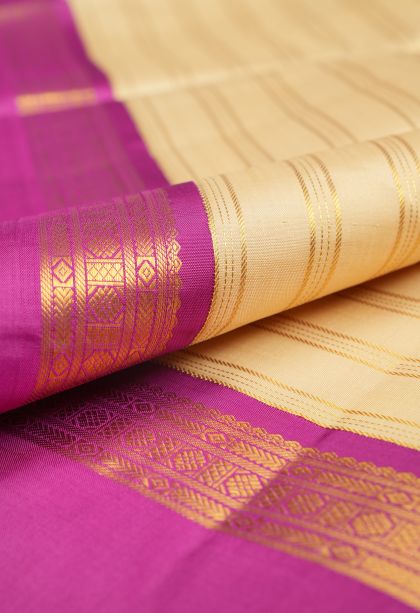 Cream White Kanchipuram Silk Sarees with Gold Zari Stripes