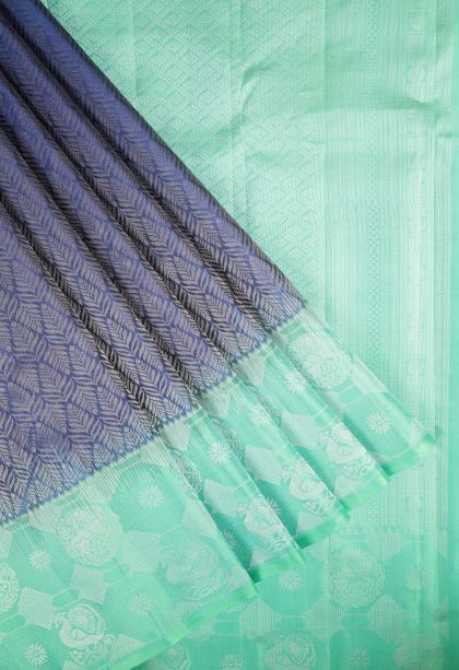 Azure Blue Soft Silk Saree with Silver Zari Floral Patterns