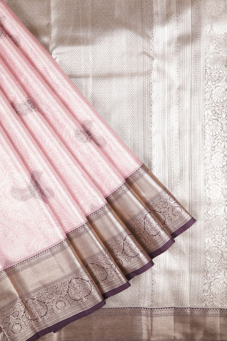 Ballet Pink Tissue Silk Sarees with Silver Zari Floral Patterns view 1