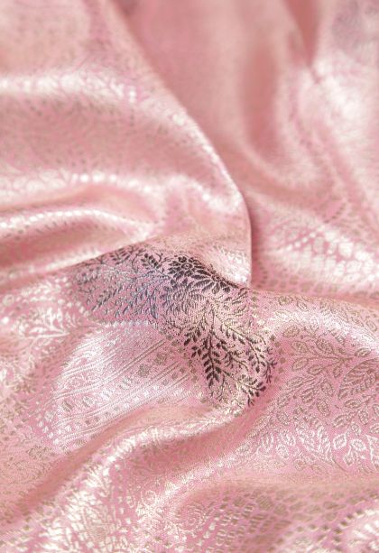 Ballet Pink Tissue Silk Sarees with Silver Zari Floral Patterns