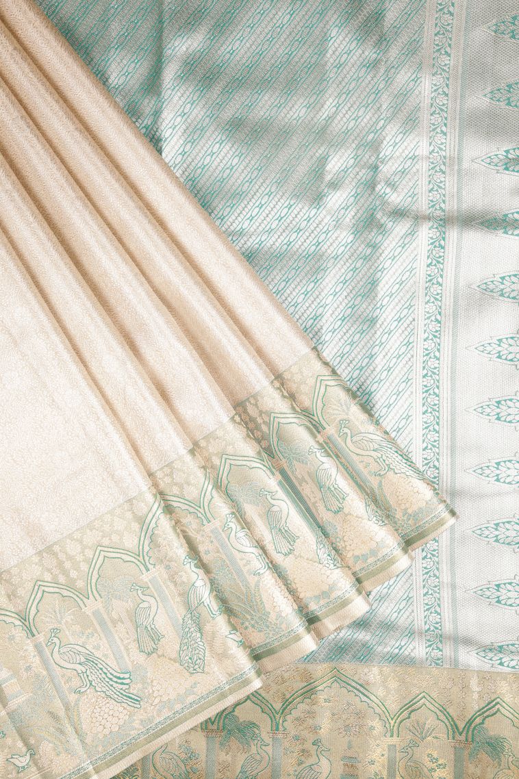 Gold Tissue Silk Sarees with Silver Zari Floral Patterns view 1
