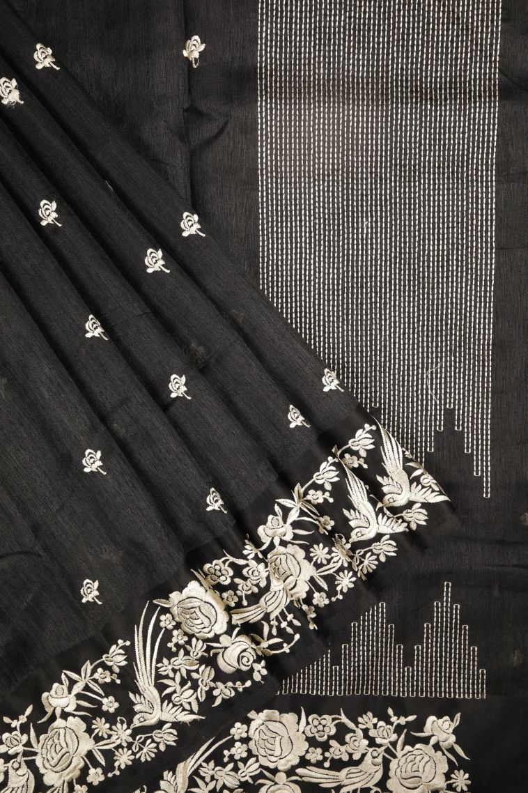 Asphalt Black Tussar Saree with Without Zari Zari Buttis (small Dots Or Motifs) view 1