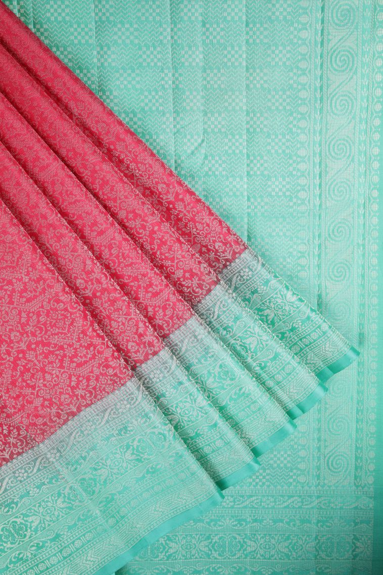 Hot Pink Soft Silk Saree with Silver Zari Floral Patterns view 1