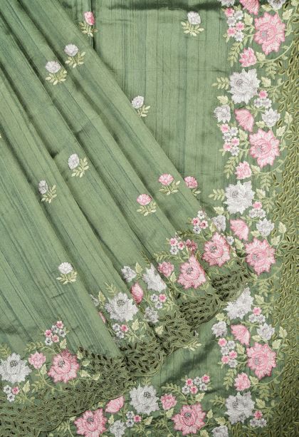 Emerald Green Tussar Saree with Without Zari Zari Buttis (small Dots Or Motifs)