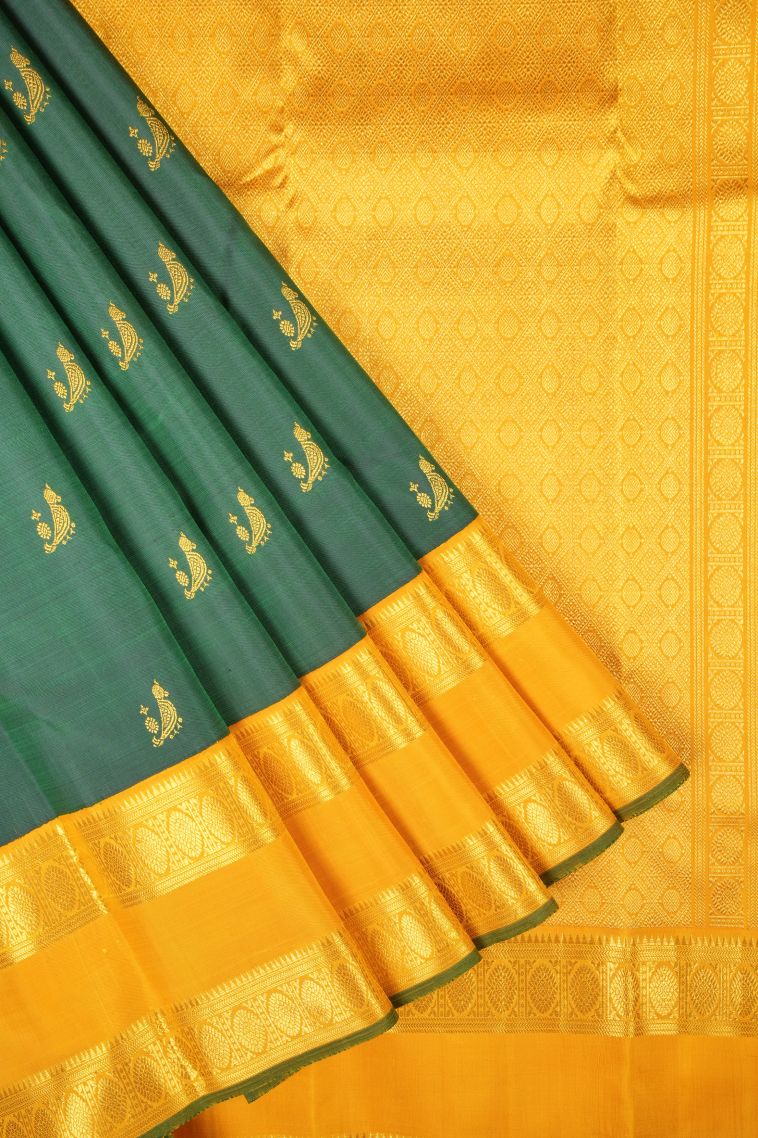 Basil Green Kanchipuram Silk Sarees with Gold Zari Buttis (small Dots Or Motifs) view 1