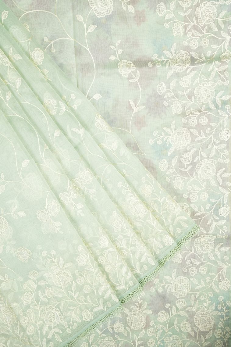 Mint Green Organza Saree with Without Zari Zari Floral Patterns view 1