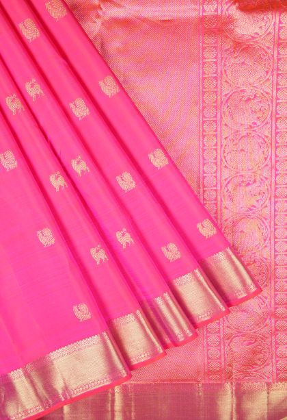 Hot Pink Kanchipuram Silk Sarees with Gold Zari Buttis (small Dots Or Motifs)
