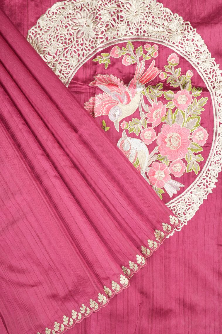 Bubblegum Pink Tussar Saree with Without Zari Zari Plain view 1