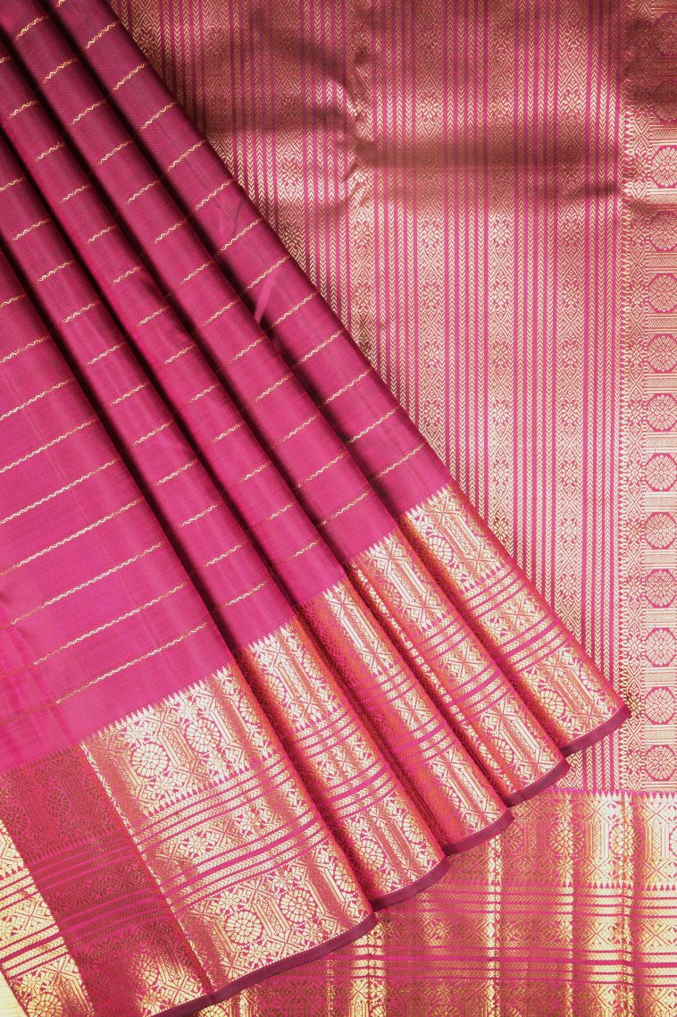 Magenta Purple Kanchipuram Silk Sarees with Gold Zari Stripes view 1