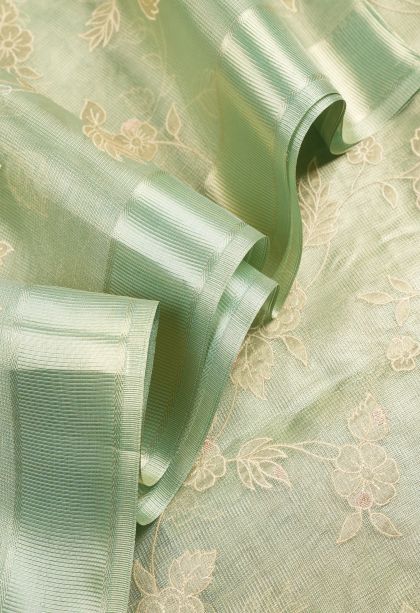 Mint Green Organza Saree with Without Zari Zari Floral Patterns