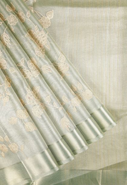 Mint Green Organza Saree with Without Zari Zari Floral Patterns
