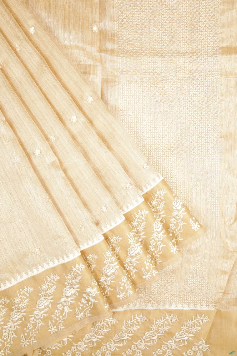Cream White Tussar Saree with Without Zari Zari Buttis (small Dots Or Motifs) view 1