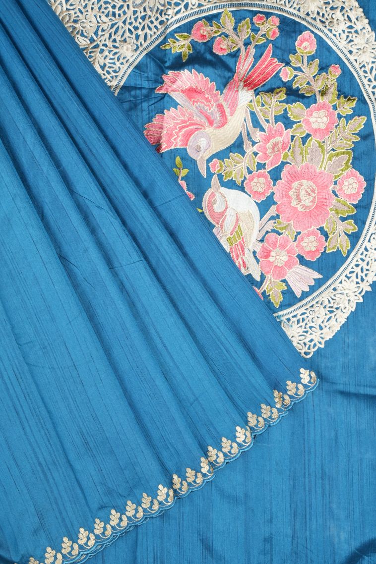 Cobalt Blue Tussar Saree with Without Zari Zari Plain view 1