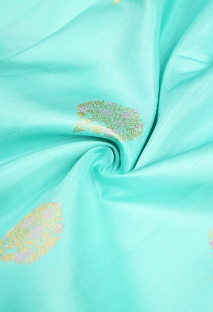 Arctic Blue Kanchipuram Silk Sarees with Gold Zari Buttis (small Dots Or Motifs)