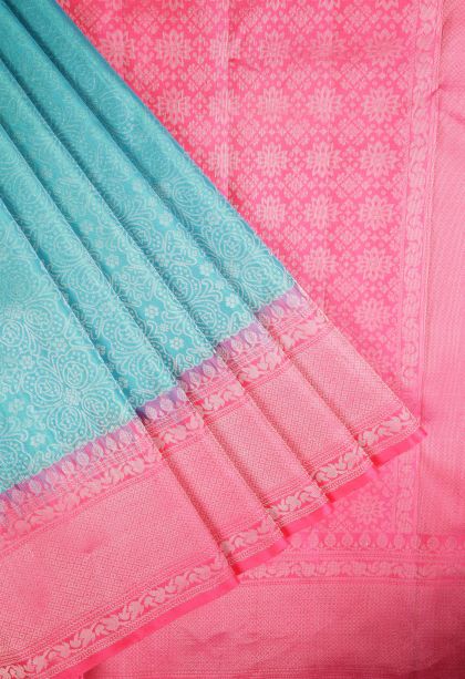 Arctic Blue Soft Silk Saree with Silver Zari Floral Patterns