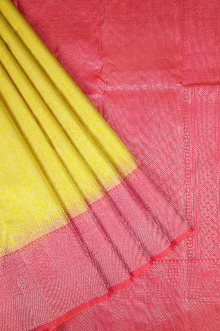 Lemon Yellow Soft Silk Saree with Silver Zari Floral Patterns view 1