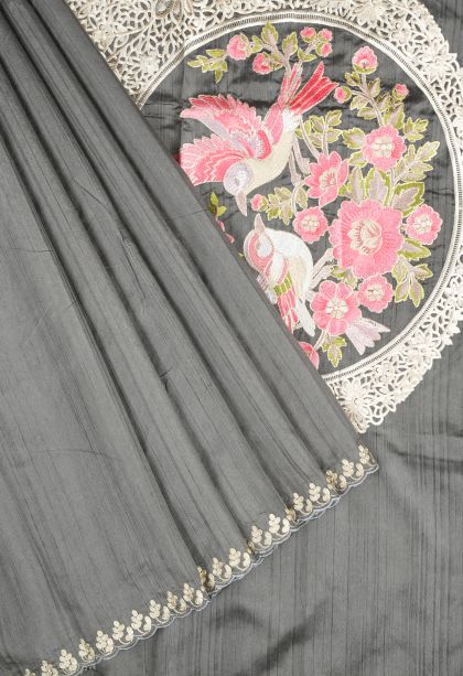 Charcoal Black Tussar Saree with Without Zari Zari Plain