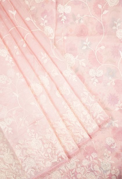 Crepe Pink Organza Saree with Without Zari Zari Floral Patterns