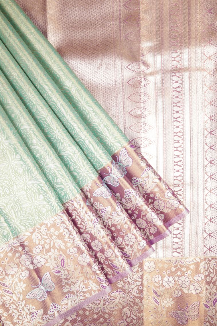 Arctic Blue Tissue Silk Sarees with Silver Zari Floral Patterns view 1