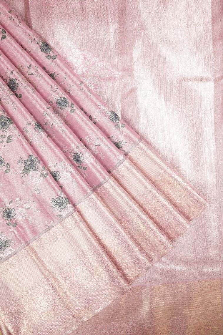 Blush Pink Tissue Silk Sarees with Silver Zari Floral Patterns view 1