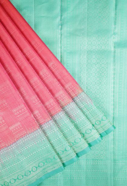 Strawberry Pink Soft Silk Saree with Silver Zari Floral Patterns