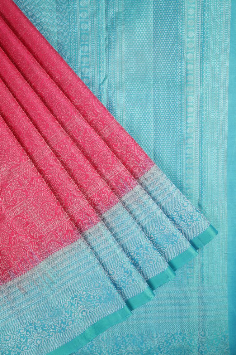 Hot Pink Soft Silk Saree with Silver Zari Floral Patterns view 1