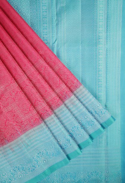 Hot Pink Soft Silk Saree with Silver Zari Floral Patterns