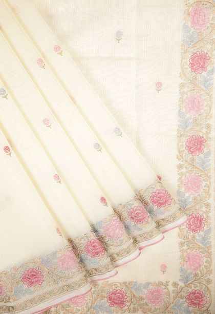 Cream White Tussar Saree with Without Zari Zari Buttis (small Dots Or Motifs)