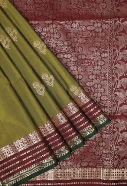 Basil Green Soft Silk Saree with Copper Zari Buttis (small Dots Or Motifs)