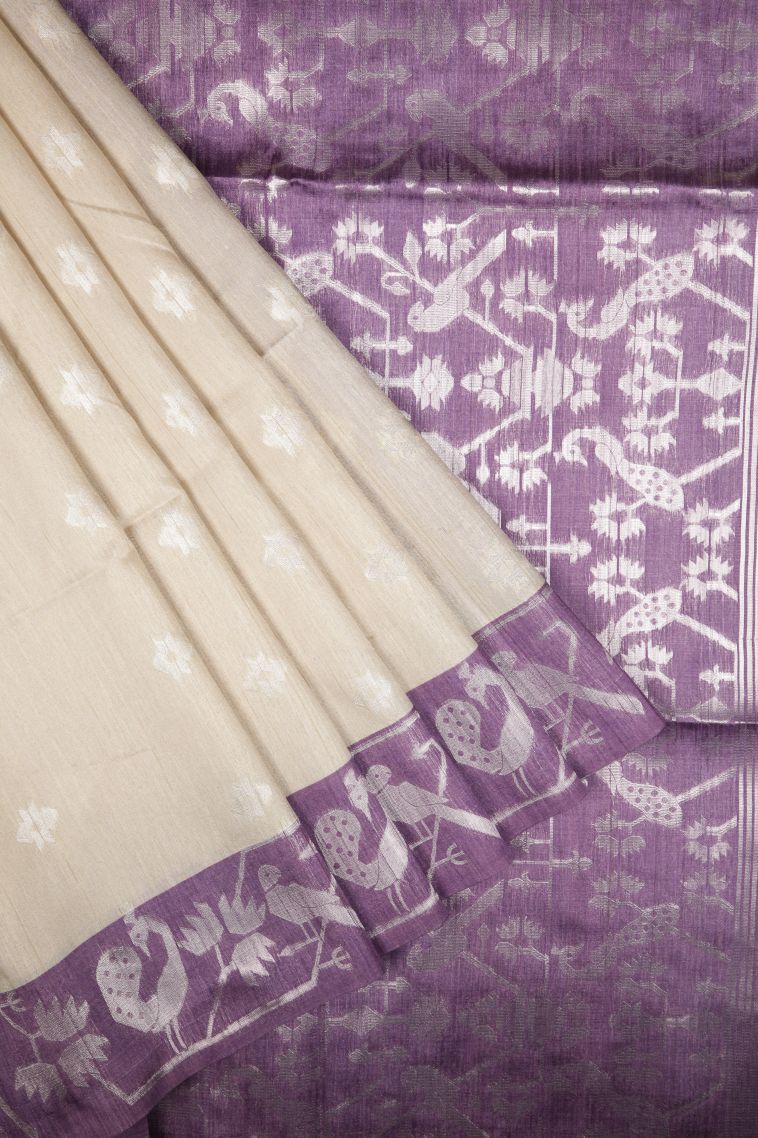 Cream White Tussar Saree with Silver Zari Buttis (small Dots Or Motifs) view 1