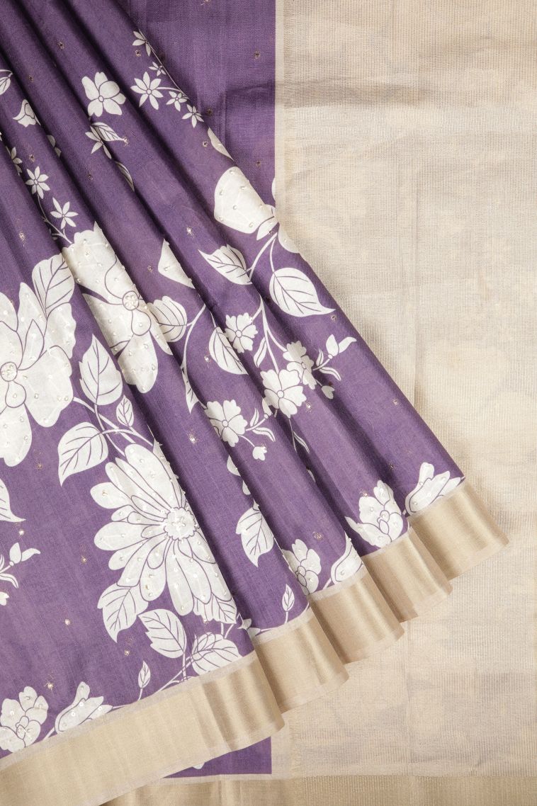 Mauve Purple Tussar Saree with Without Zari Zari Floral Patterns view 1