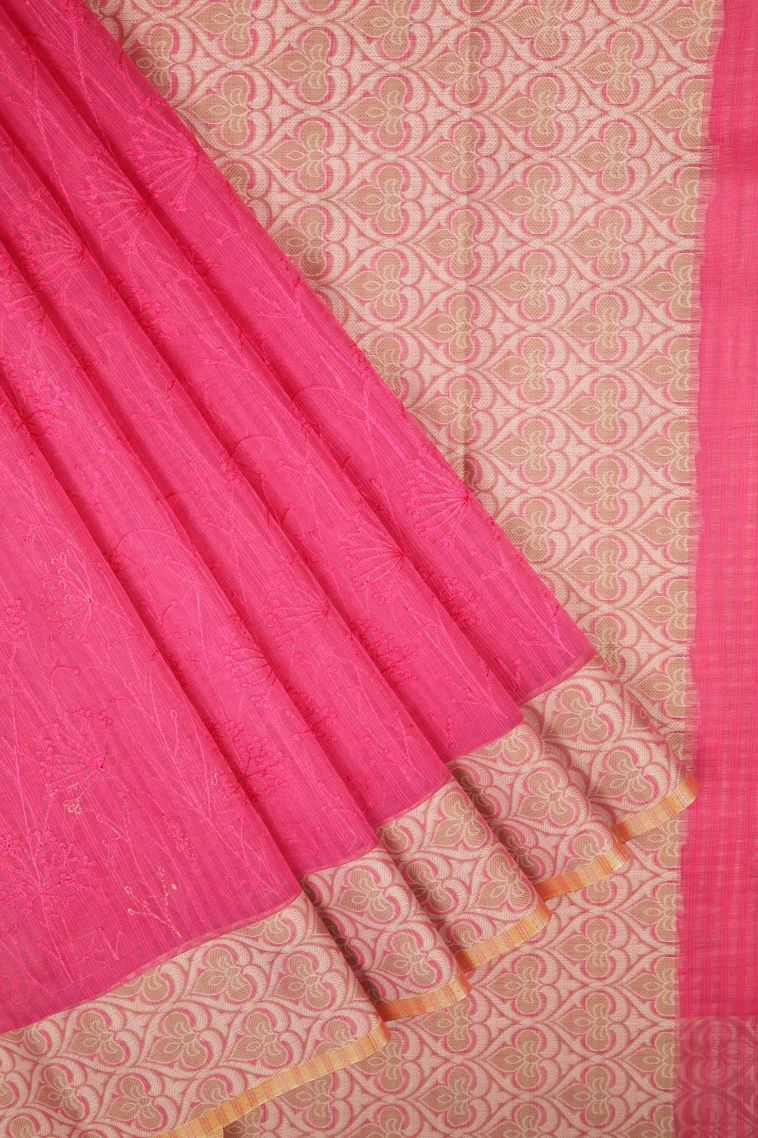 Hot Pink Tussar Saree with Without Zari Zari Floral Patterns view 1
