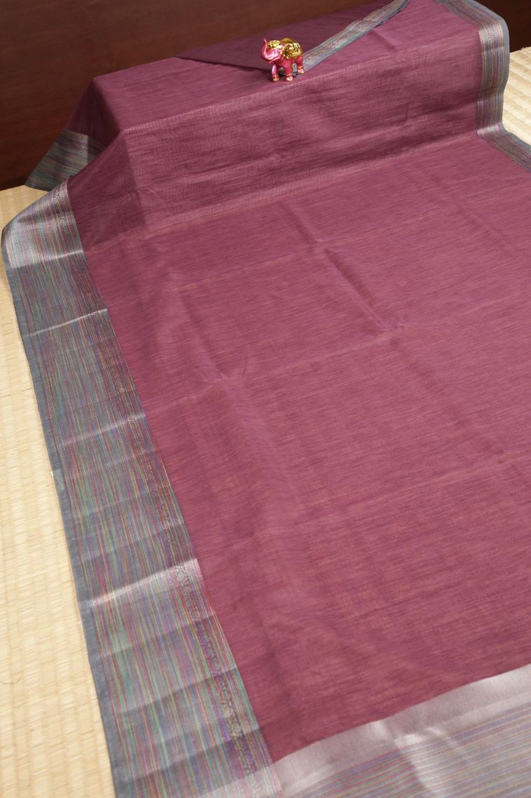 Magenta Purple Tussar Saree with Without Zari Zari Plain view 2