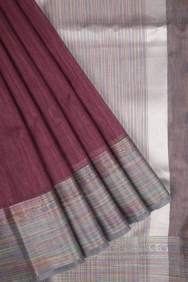 Magenta Purple Tussar Saree with Without Zari Zari Plain view 1
