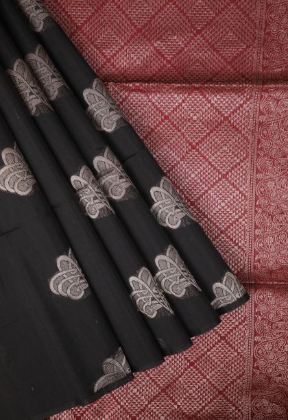 Asphalt Black Silk Cotton Sarees with Bronze Zari Buttis (small Dots Or Motifs)