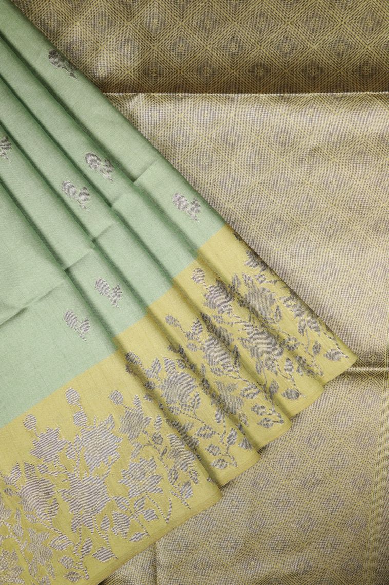 Mint Green Tussar Saree with Bronze Zari Buttis (small Dots Or Motifs) view 1