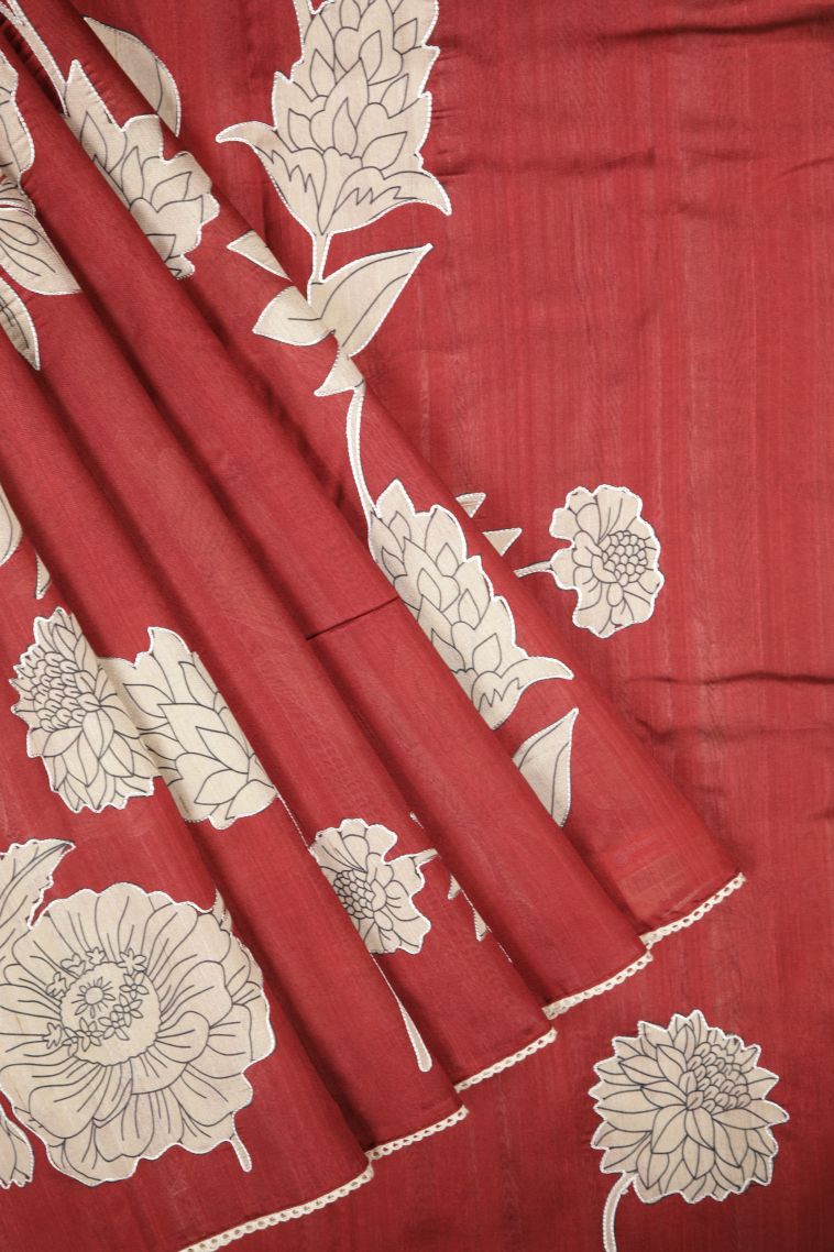 Apple Red Tussar Saree with Without Zari Zari Floral Patterns view 1