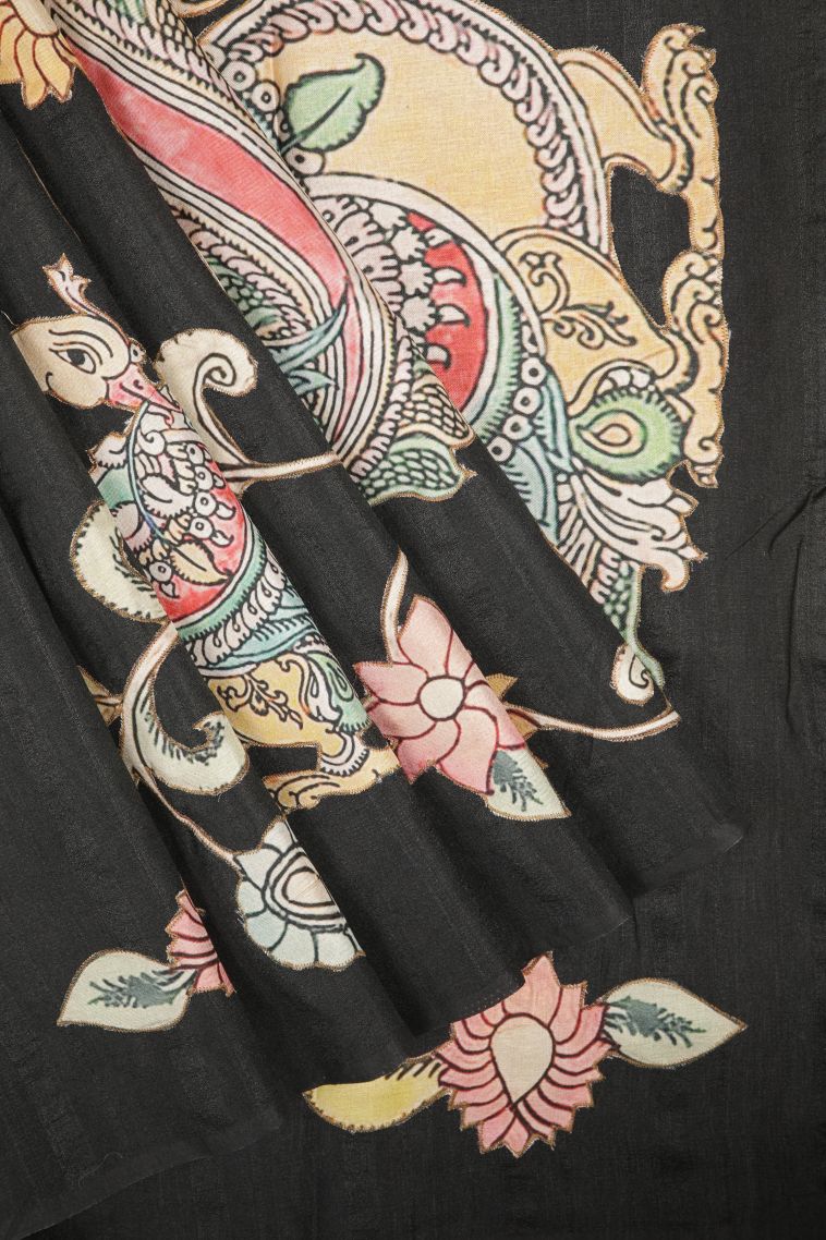 Asphalt Black Tussar Saree with Without Zari Zari Floral Patterns view 1
