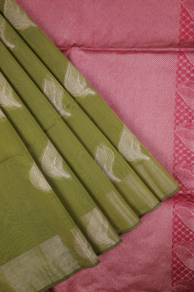 Pickle Green Silk Cotton Sarees with Bronze Zari Buttis (small Dots Or Motifs) view 1