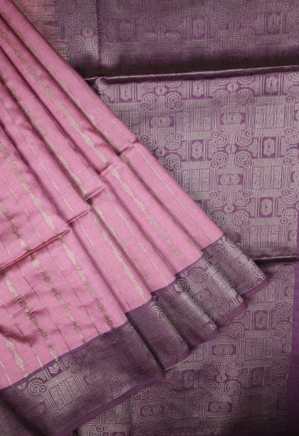 Ballet Pink Tussar Saree with Bronze Zari Stripes