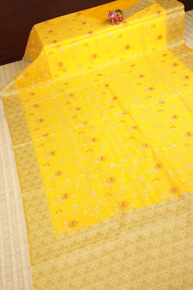 Lemon Yellow Tussar Saree with Without Zari Zari Floral Patterns view 2