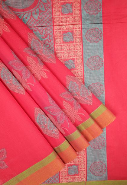 Rose  Red Kovai Cotton Sarees with Without Zari Zari Buttis (small Dots Or Motifs)