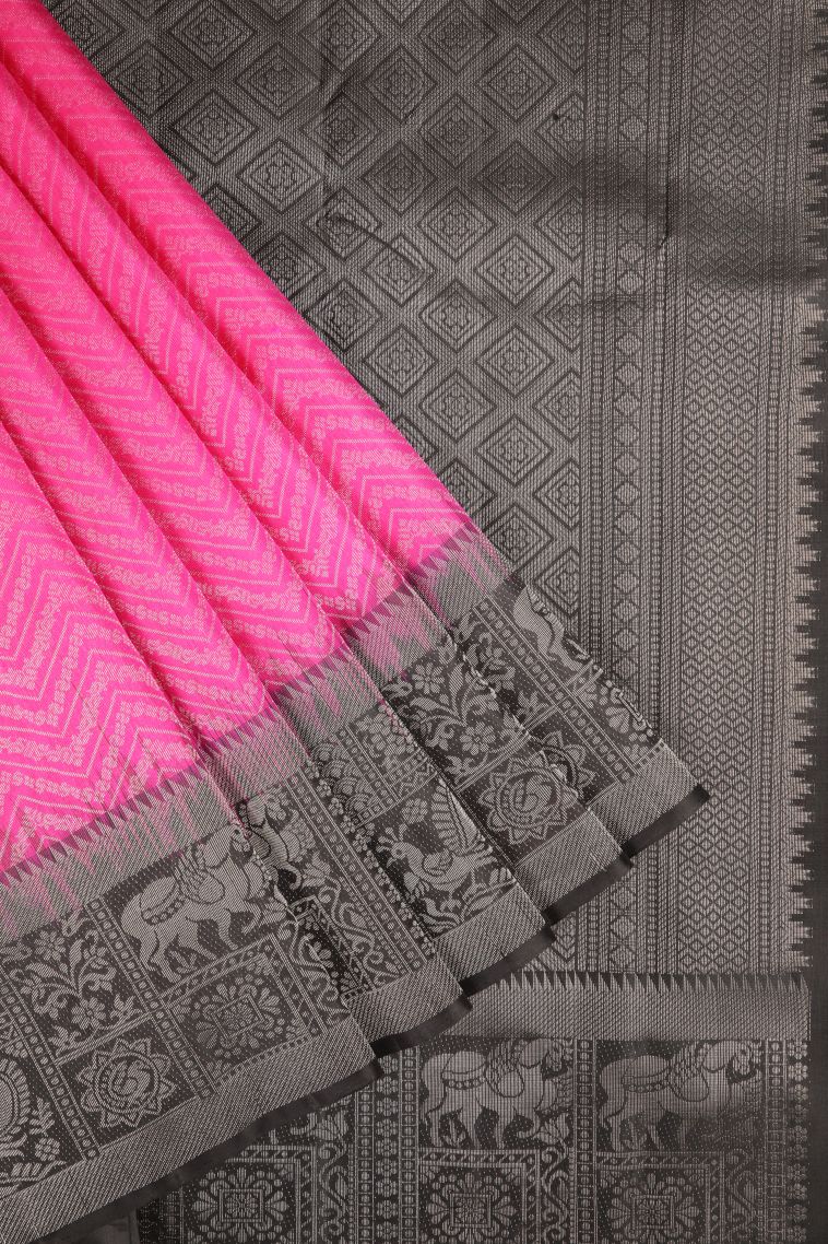 Bubblegum Pink Soft Silk Saree with Silver Zari Stripes view 1
