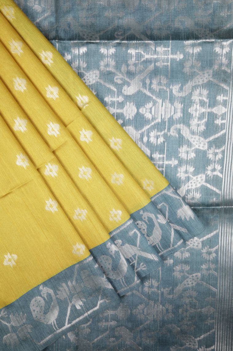 Lemon Yellow Tussar Saree with Silver Zari Buttis (small Dots Or Motifs) view 1