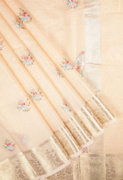 Salmon Pink Tussar Saree with Without Zari Zari Buttis (small Dots Or Motifs)