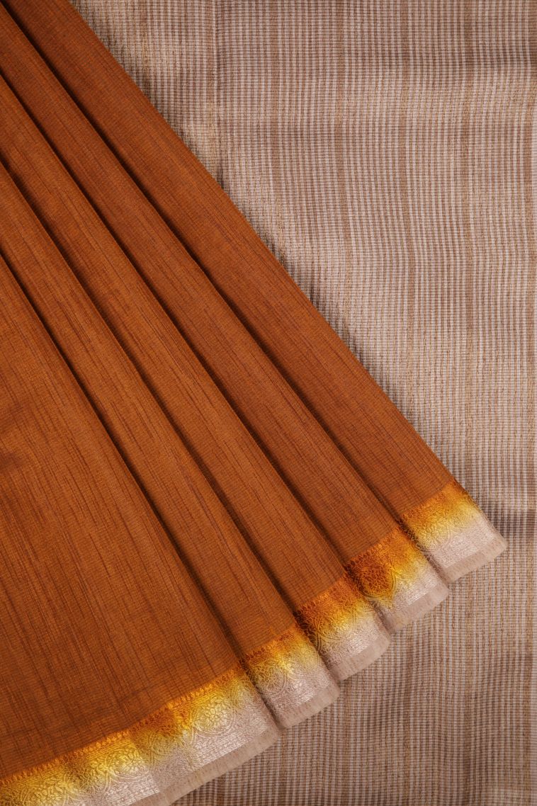 Bronze Orange Tussar Saree with Without Zari Zari Plain view 1